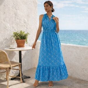 Current Air NWT Jacquard Tiered Maxi Dress w Ribbon Bow in Blue, Size XS